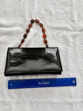 Jane Shilton Black Patent Leather Clutch with Lucite Amber Link Strap